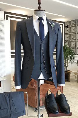 Leo Black 3-Pieces Peaked Lapel Formal Business Men Suits
