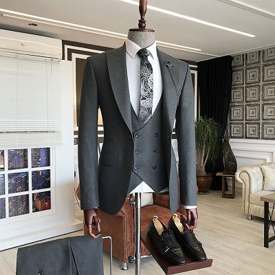 Dana Classic Gray Peaked Lapel One Button Formal Business Men Suits_2