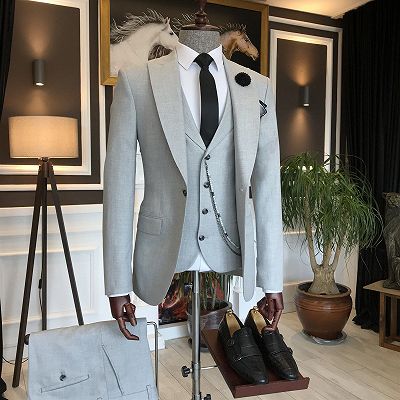 Otto Classic Light Gray 3-Pieces Double Breasted Waistcoat One Button Business Suits For Men