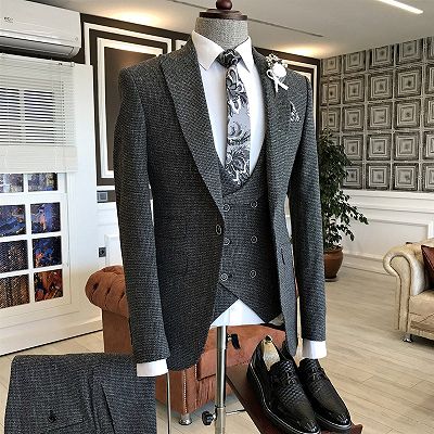 Otis Classic Dark Gray Small Plaid Peaked Lapel Double Breasted Waistcoat Business Suits_2