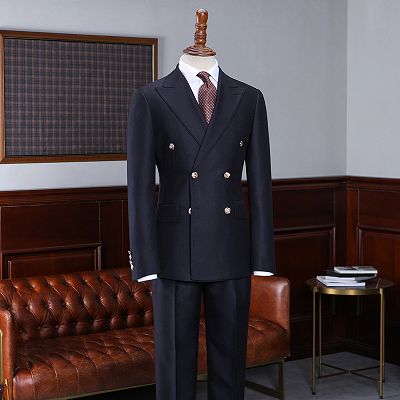 Aaron Navy Blue Peaked Lapel Double Breasted Business Suit_2
