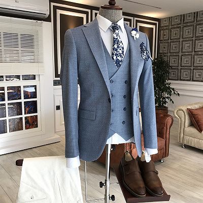 Popular Blue Plaid Notched Lapel Double Breasted Waistcoat Bespoke Business Suits For Men