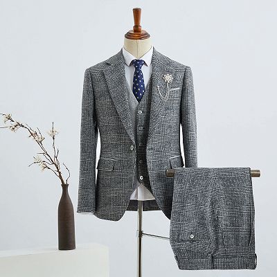 Broderick Gray Small Plaid Notched Lapel One Button Tailored Business Suit_2