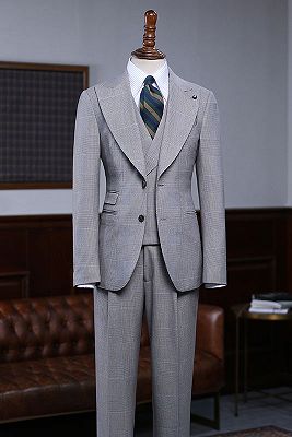 Uriah Trendy Gray Plaid 3 Pieces Slim Fit Business Suit For Men