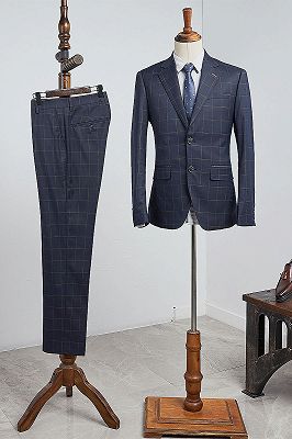 Beau Modern Navy Blue Plaid 2 Pieces Slim Fit Business Suit