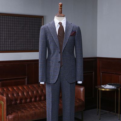 Antoine Formal Navy Blue Small Plaid Notched Lapel Slim Fit Bespoke Suit