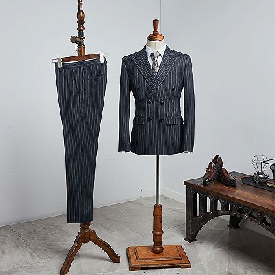 Bradley Formal Black Striped Peaked Lapel Double Breasted Bespoke Business Suit_2
