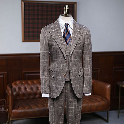 Augustine Affordable Coffee Plaid 3 Pieces Business Suit For Men