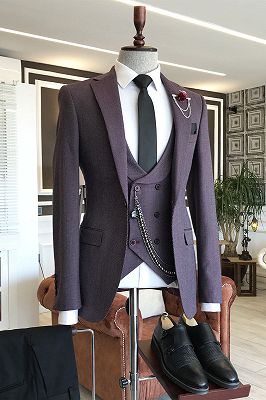 Milo Dark Purple Peaked Lapel Double Breasted Waistcoat Business Suits For Men_1