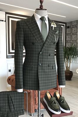 Beacher Handsome Black Plaid Double Breasted 2 Flaps Business Suits For Men_1