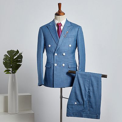 Cash Trendy Blue Plaid Peaked Lapel Double Breasted Custom Business Suit