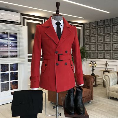 Kent Fashion Red Notched Lapel With Belt Prom Jacket For Winter_2