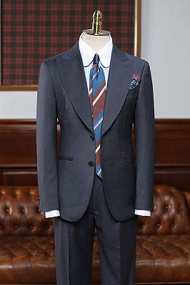 Ashbur Classic Black Striped Peaked Lapel Slim Fit Custom Business Suit_1