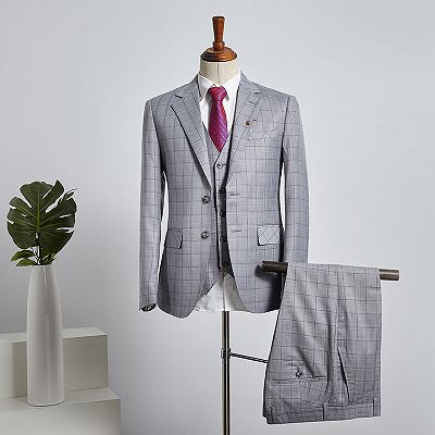 Buck Trendy Gray Plaid 3 Pieces Slim Fit Tailored Business Suit