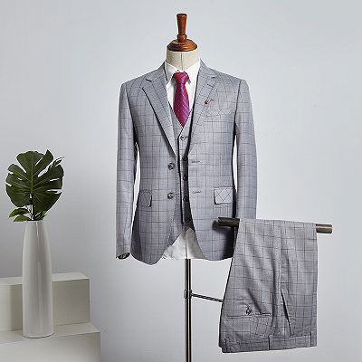 Buck Trendy Gray Plaid 3 Pieces Slim Fit Tailored Business Suit_2