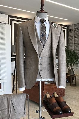 Handsome Light Coffee Plaid 3 Flaps Double Breasted Waistcoat Business Suits For Men_1