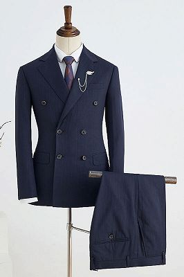 Beck Stylish Navy Blue Striped Notched Lapel Double Breasted Tailored Business Suit