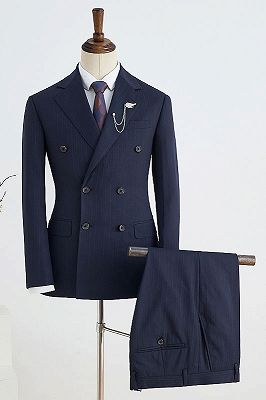 Beck Stylish Navy Blue Striped Notched Lapel Double Breasted Tailored Business Suit_1