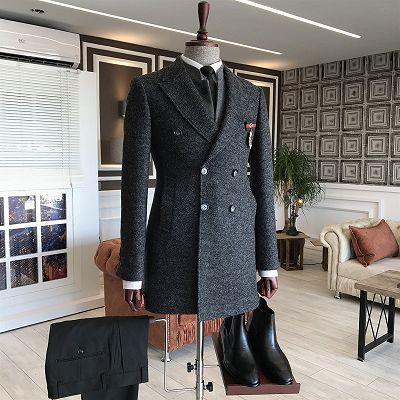 Jacob All Black Double Breasted Slim Fit Tailored Wool Coat For Business_2