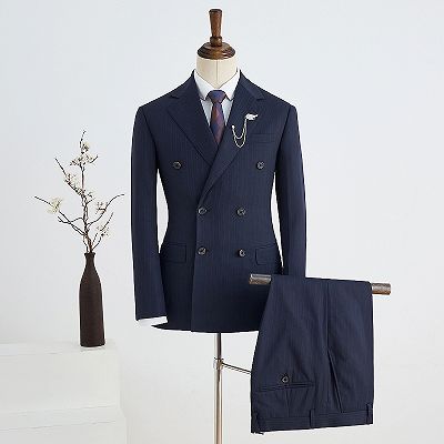 Beck Stylish Navy Blue Striped Notched Lapel Double Breasted Tailored Business Suit