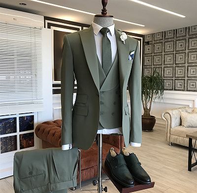 Kent Dark Green 3-Pieces Peaked Lapel One Button Business Suits_2