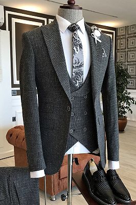 Otis Classic Dark Gray Small Plaid Peaked Lapel Double Breasted Waistcoat Business Suits