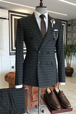 Baron Black Plaid Double Breasted Slim Fit Business Suits For Men_1