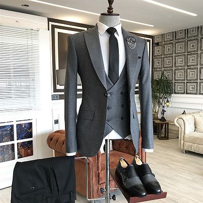 Barnett Trendy Gray Small Plaid 3-Pieces Peaked Lapel One Button Business Suits For Men