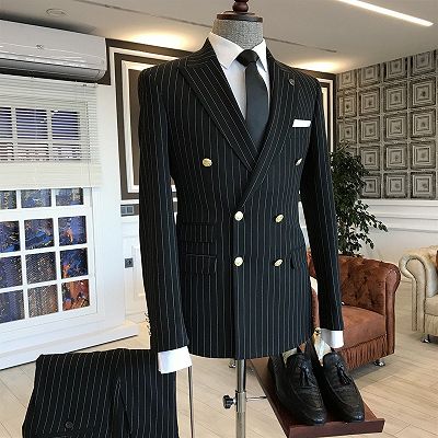 Tab Trendy Black Striped Peaked Lapel Double Breasted Business Suits For Men_2