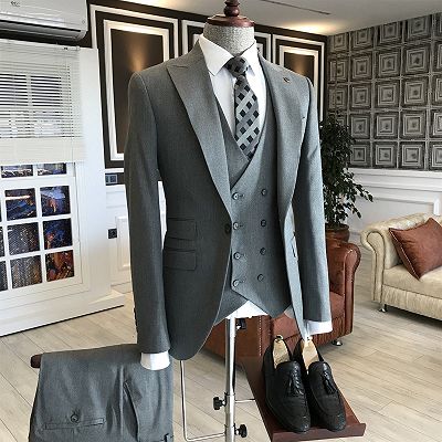 Levi Light Gray 3-Pieces Peaked Lapel Slim Fit Men Suits For Business