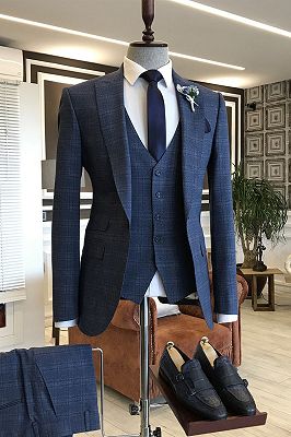 Frederic Blue Small Plaid  3-Pieces Peaked Lapel One Button Formal Business Suits_1