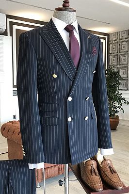 Hogan Modern Navy Blue Striped Peaked Lapel Double Breasted Slim Fit Business Men Suits_1