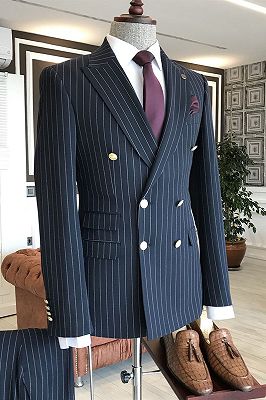 Hogan Modern Navy Blue Striped Peaked Lapel Double Breasted Slim Fit Business Men Suits