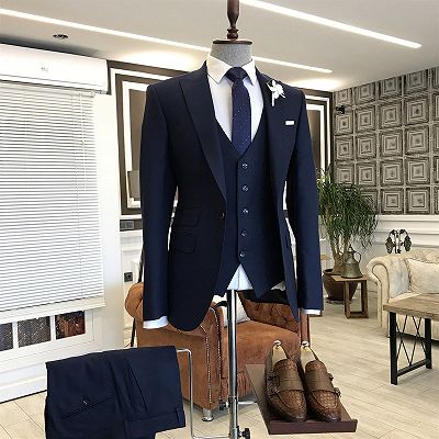 Kelly Formal 3-Pieces Solid Navy Blue Peaked Lapel Men Business Suits