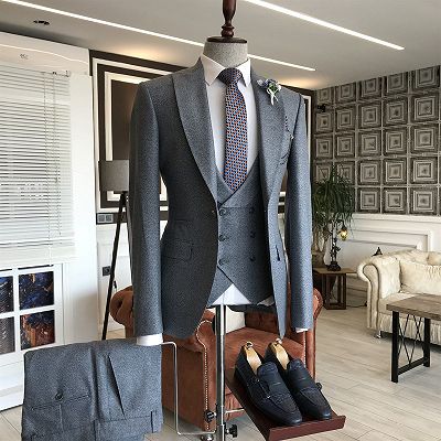 Dark Gray 3-Pieces Peaked Lapel One Button Formal Business Suits_2