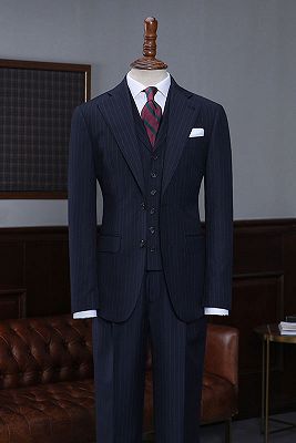 Alston Formal Navy Blue Striped 3 Pieces Slim Fit Bespoke Business Suit_1