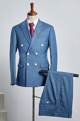 Cash Trendy Blue Plaid Peaked Lapel Double Breasted Custom Business Suit_1