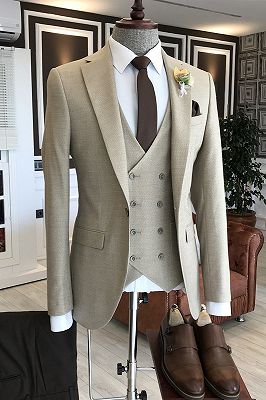 Hot Light Brown Notched Lapel 2 Flaps Double Breasted Waistcoat Business Suits For Men_1