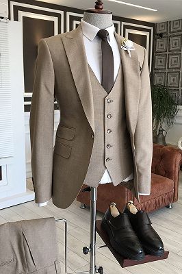Jacob Formal Light Brown 3-Pieces Peaked Lapel Slim Fit Men Business Suits