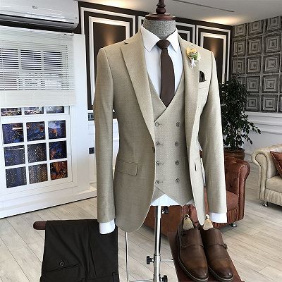 Hot Light Brown Notched Lapel 2 Flaps Double Breasted Waistcoat Business Suits For Men