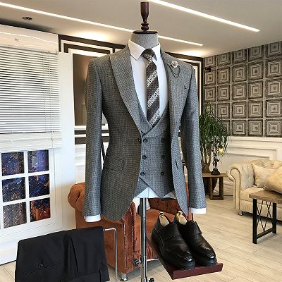 Charles Dark Gray Small Plaid Peaked Lapel 2 Flaps Slim Fit Business Men Suits_2