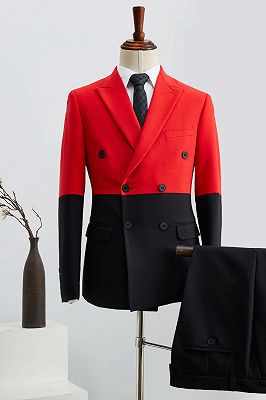 Bruno Unique Black And Red Peaked Lapel Double Breasted Prom Suit_1