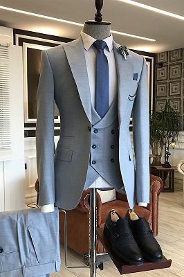 Dick Unique Blue 3-Pieces Double Breasted Waistcoat Slim Fit Business Suits For Men