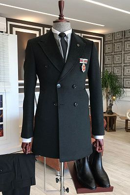 Frederic Formal All Black Peaked Lapel Double Breasted Bespoke Winter Coat_1