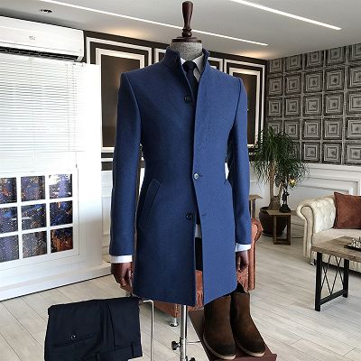 Michael Navy Blue Stand Collar Slim Fit Tailored Winter Jacket For Business_2