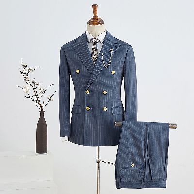 Berton Trendy Navy Blue Striped Double Breasted Slim Fit Tailored Business Suit