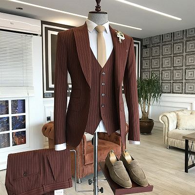 Elmer Newest Burgundy 3-Pieces Striped Peaked Lapel Men Suits For Business