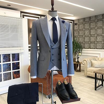 New Arrival Blue Small Plaid Double Breasted Waistcoat Business Men Suits