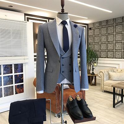 New Arrival Blue Small Plaid Double Breasted Waistcoat Business Men Suits_2