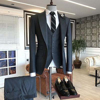 Roy Formal Black One Button Double Breasted Waistcoat Business Suits For Men